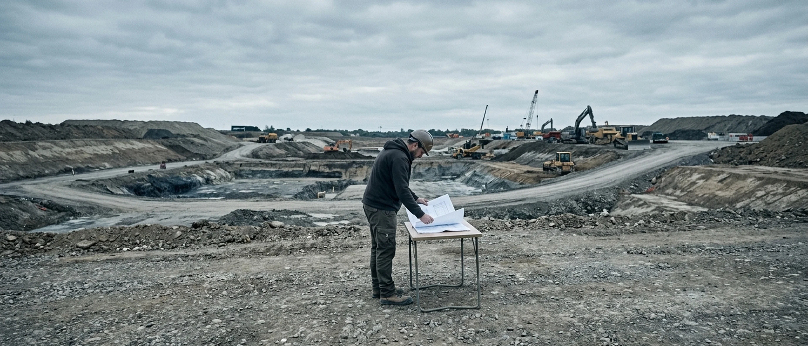 Consultor revisando planos en una mesa de campo, con maquinaria y frente de trabajo al fondo